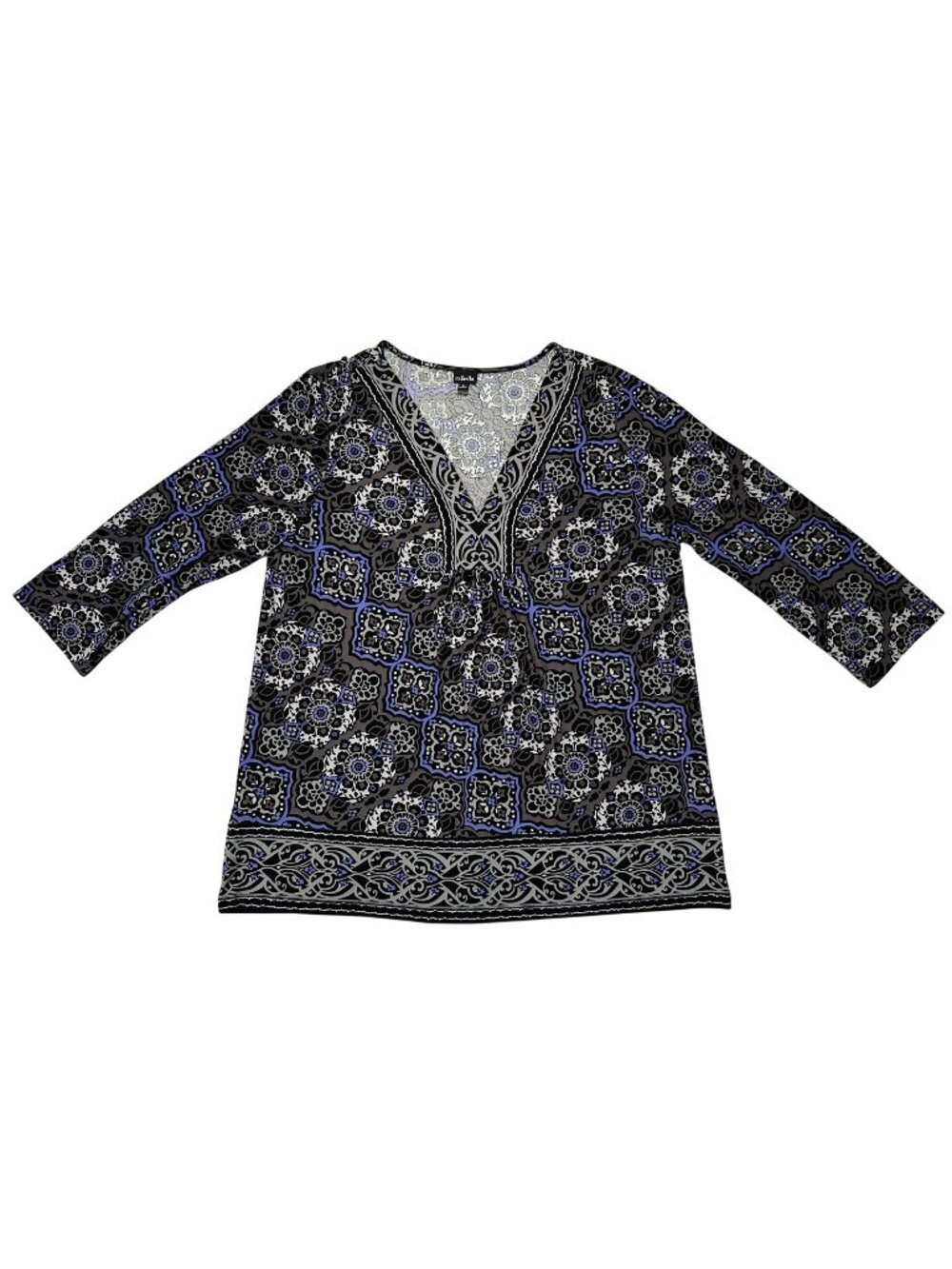 Rafaella Womens L Printed V-Neck Top 3/4 Sleeve Multicolor Boho Pattern